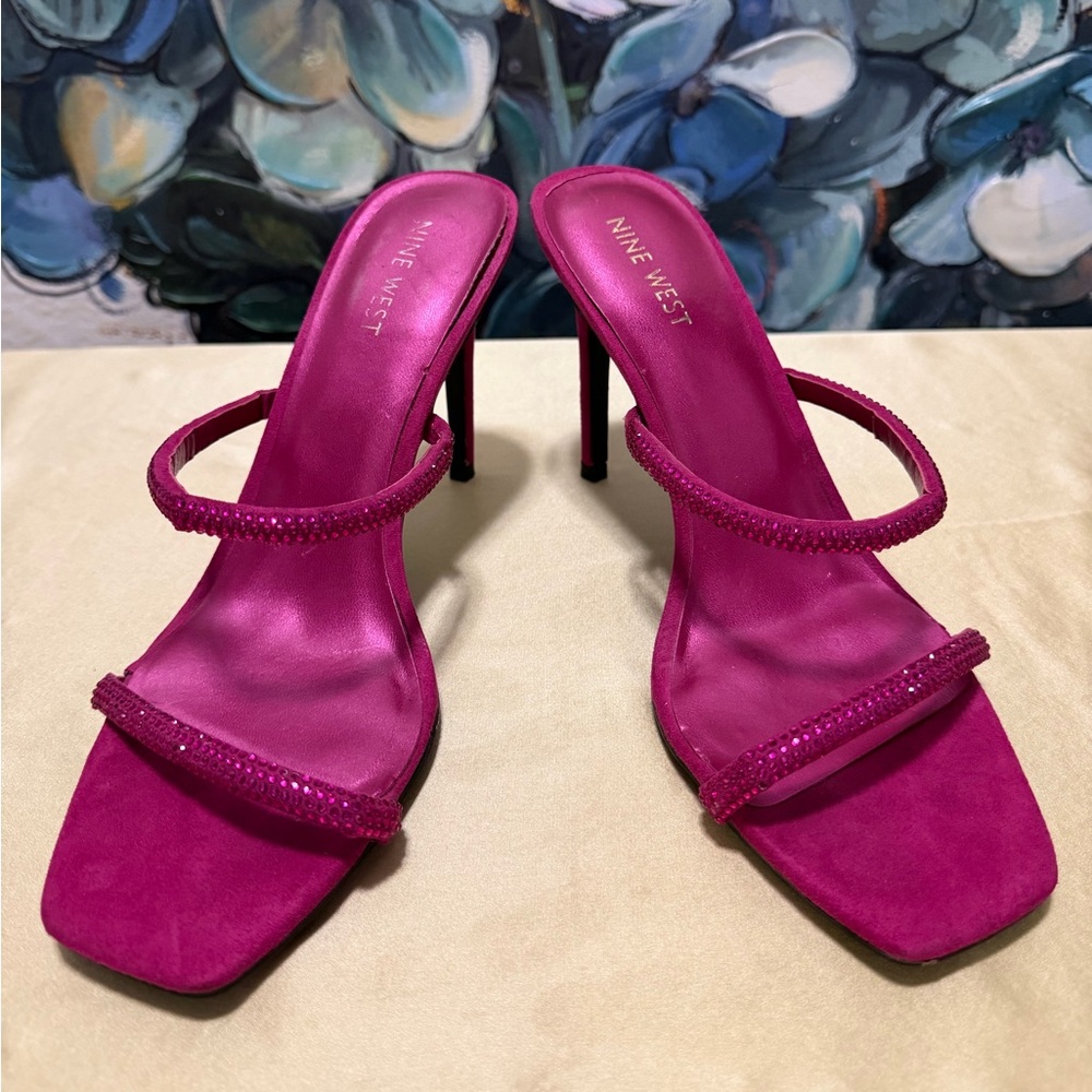 Nine West Slip-On Mule Sandals Heels Hot Pink Fuchsia Rhinestone Cocktail Size 9